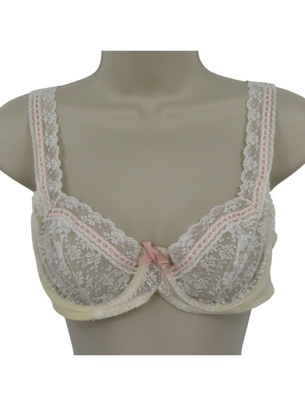 VTG Henson Kickernick 36B Bra Style 0502 White Floral Flower Lace Pink Ribbon Tr